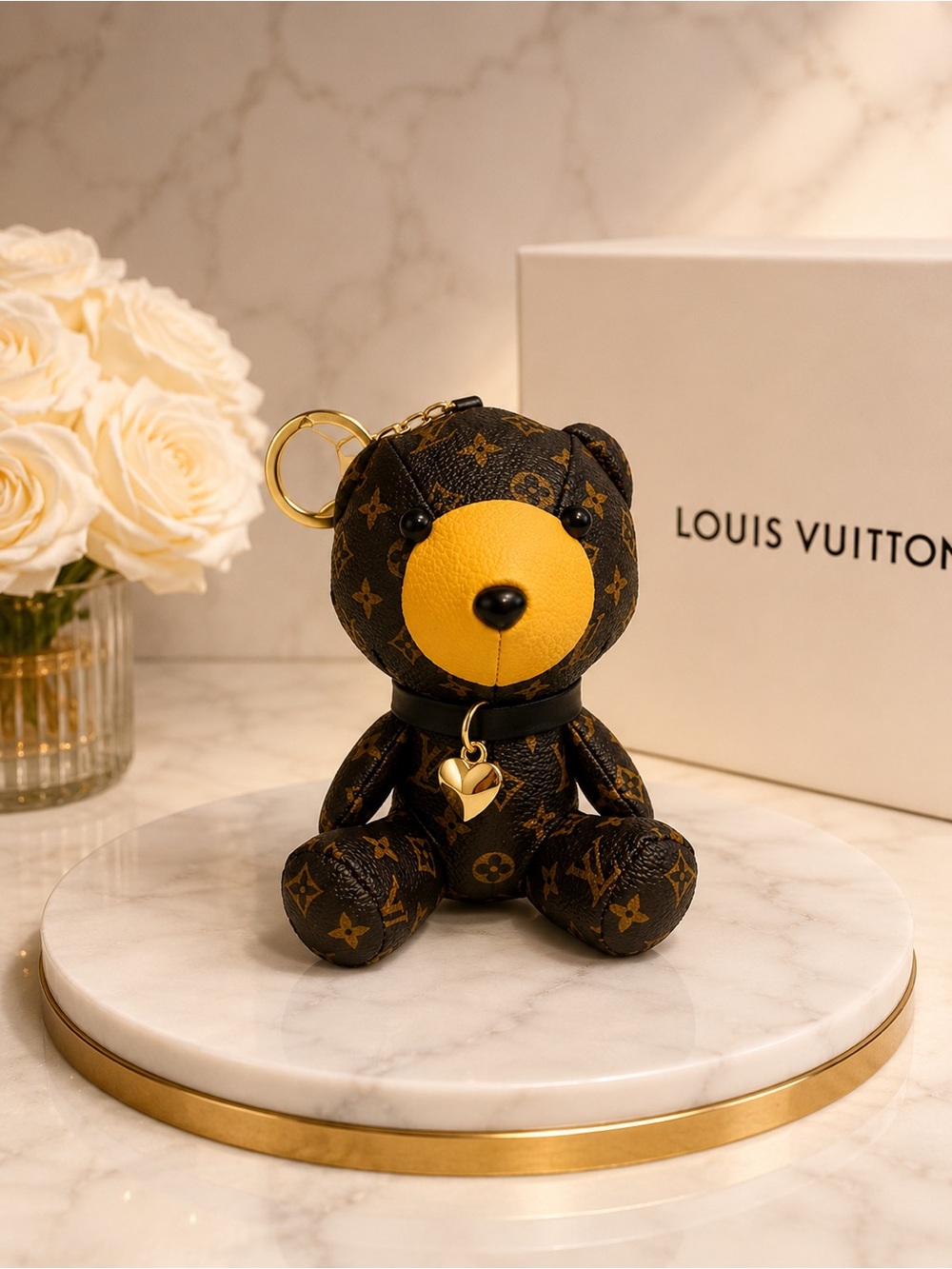 Luxury Brown Monogram Teddy Bear Key Charm with Yellow Face - Picture 1 of 6